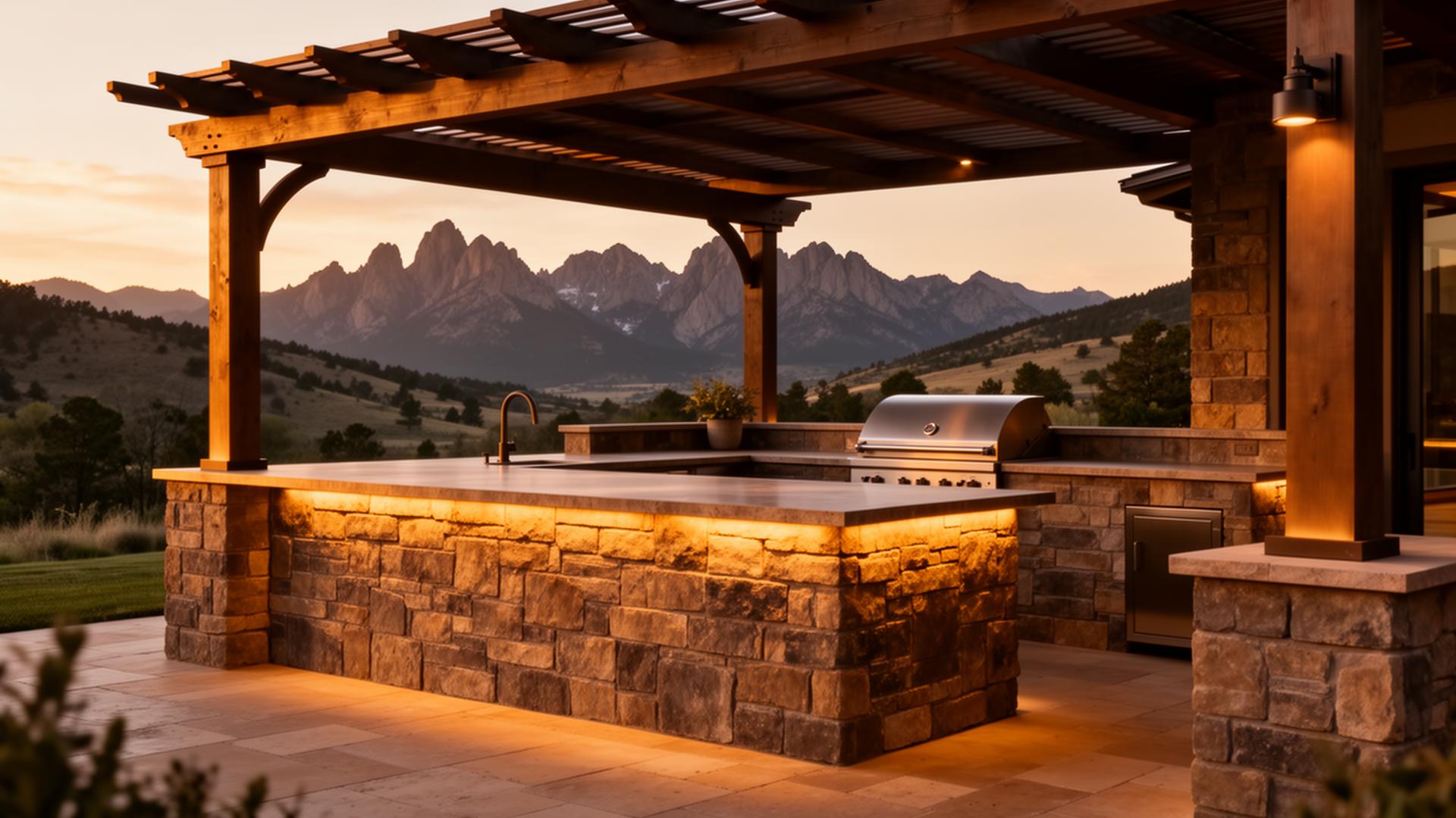Luxury outdoor kitchen with stone island and pergola in Fort Collins, Colorado